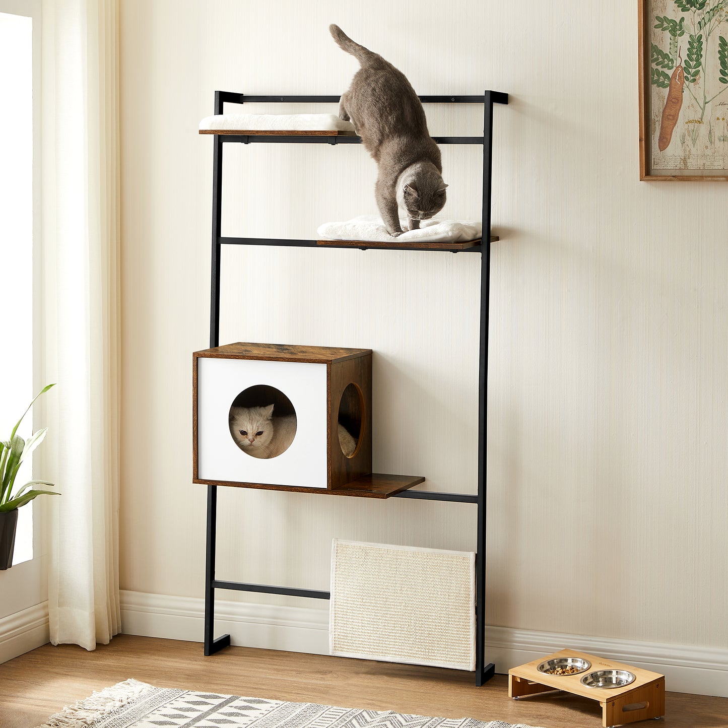 Wall-Mounted Cat Tree, 61-Inch Cat Tower, Cat Condo Furniture with Steel Frame, Rustic Brown and Black