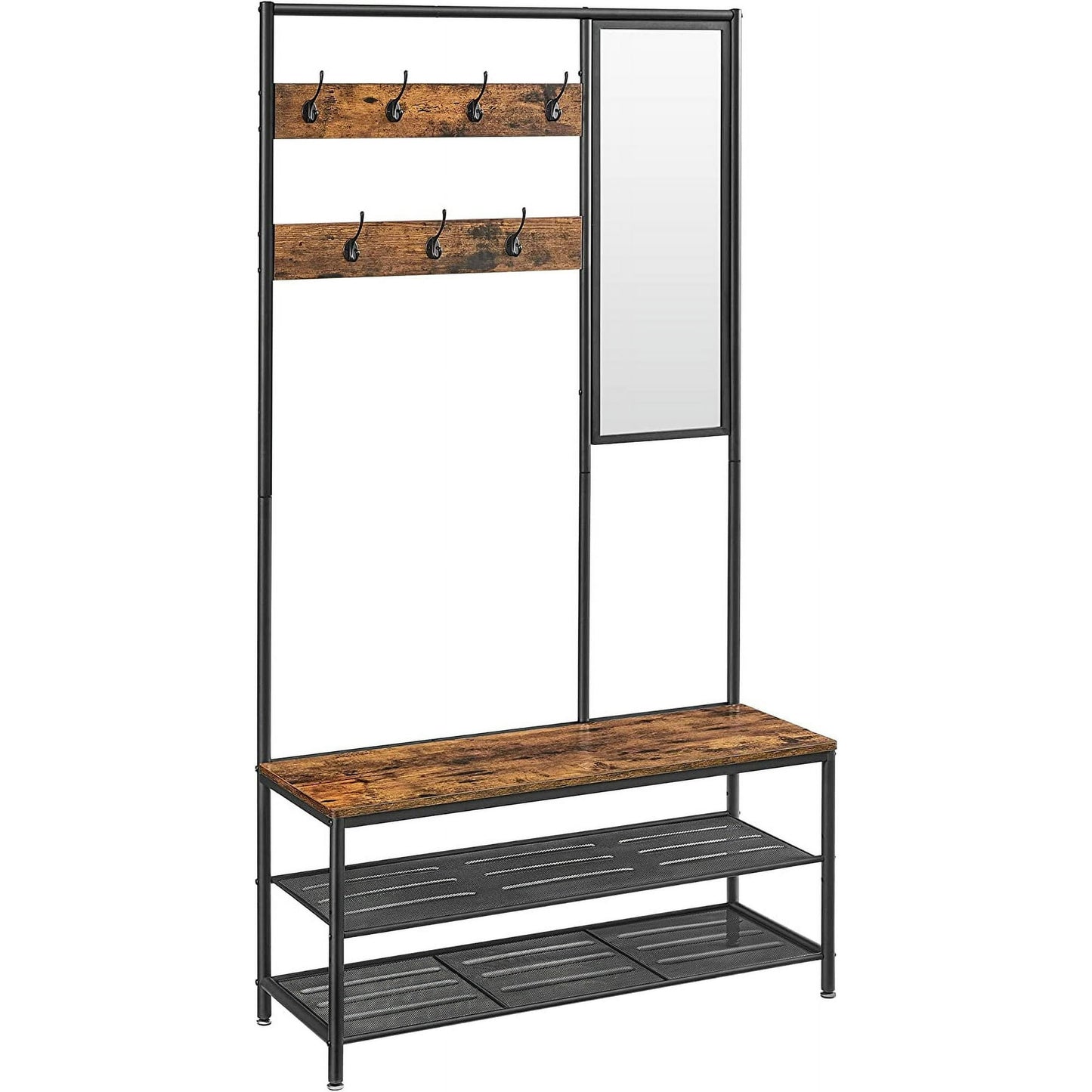 VASAGLE Coat Rack Shoe Bench with Mirror Hall Tree, Brown and Black