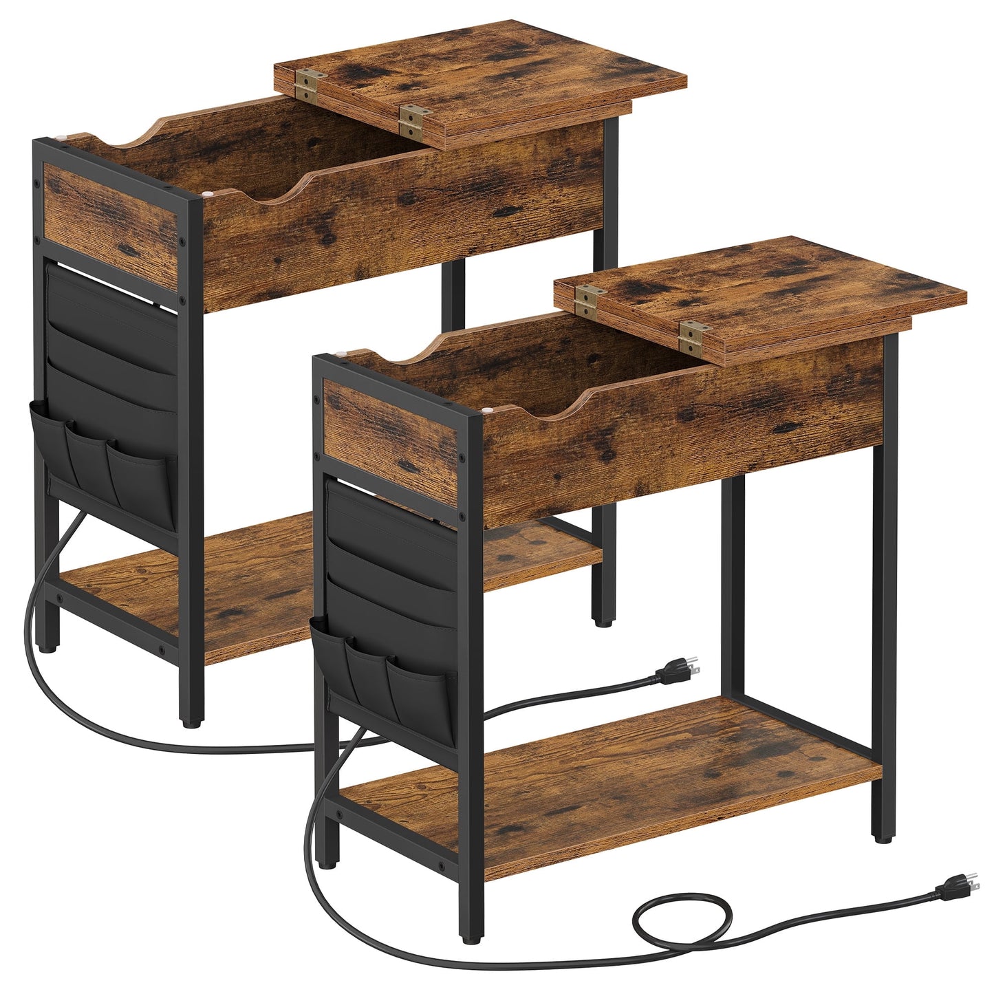 VASAGLE Side Tables with Storage End Tables with USB Ports and Outlets Nightstands with Charging Stations, Fabric Bags Brown and Black