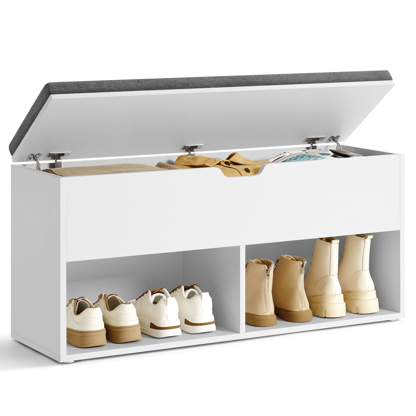 Shoe Bench with Cushion: Entryway Storage Bench with 2 Open Shelves and Hidden Compartment, Shoe Rack Bench for Living Room and Bedroom, White and Gray