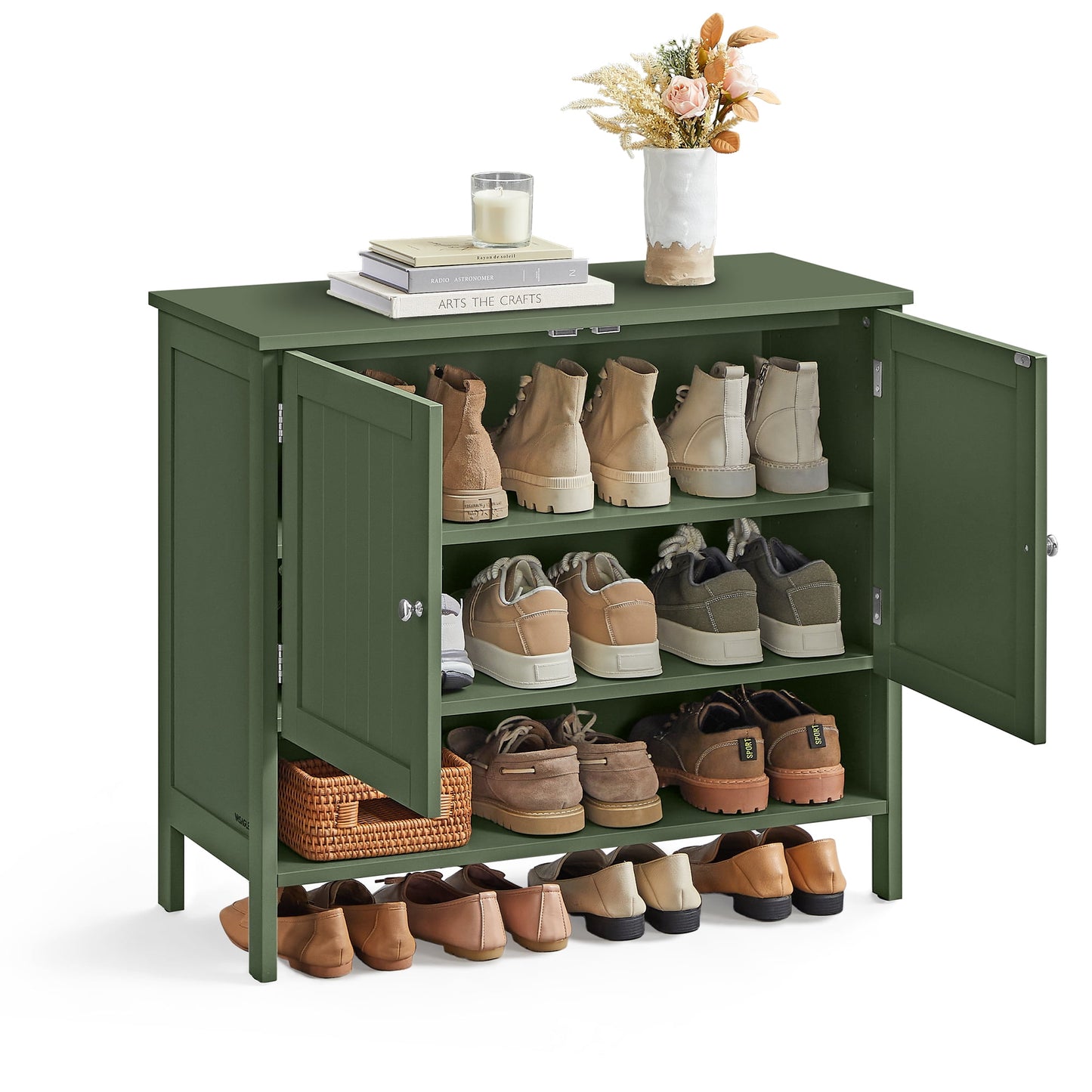 VASAGLE Shoe Cabinet, 3-Tier Shoe Storage Organizer, Shoe Shelf, Modern Country Cabinet,Freestanding Cabinet with Height-Adjustable Shelf, 13.8 x 31.5 x 27.6 Inches, Entryway, ForestGreen
