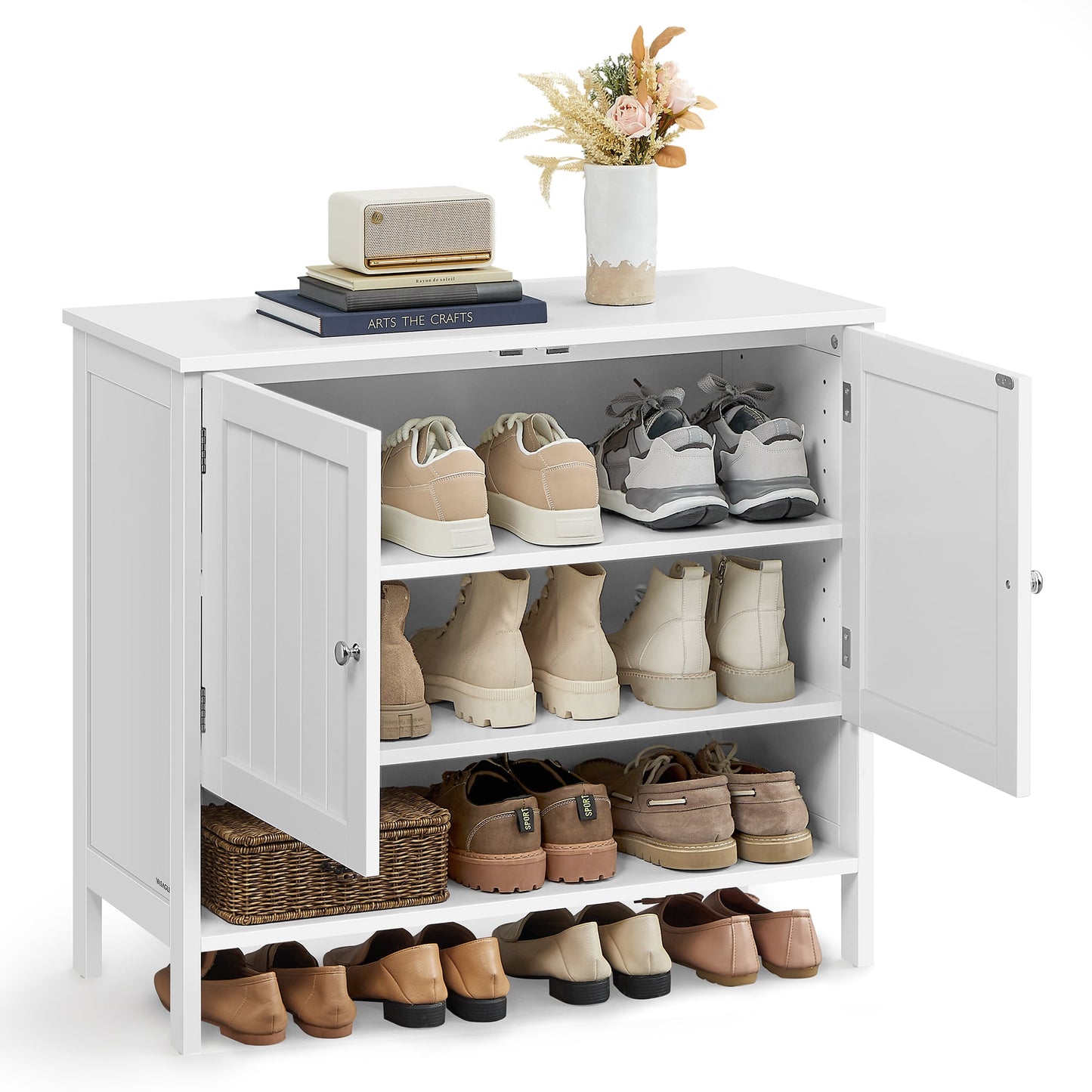 VASAGLE Shoe Cabinet, 3-Tier Shoe Storage Organiser, Shoe Shelf, Modern Country Cabinet, Freestanding Cabinet with Height-Adjustable Shelf, 35 x 80 x 70 cm, Entryway, Cloud White