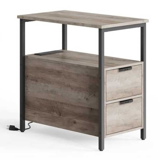 VASAGLE Side Table with Charging Station, Narrow End Table with 2 Drawers, Slim Nightstand and Bedside Table with Storage Greige and Black