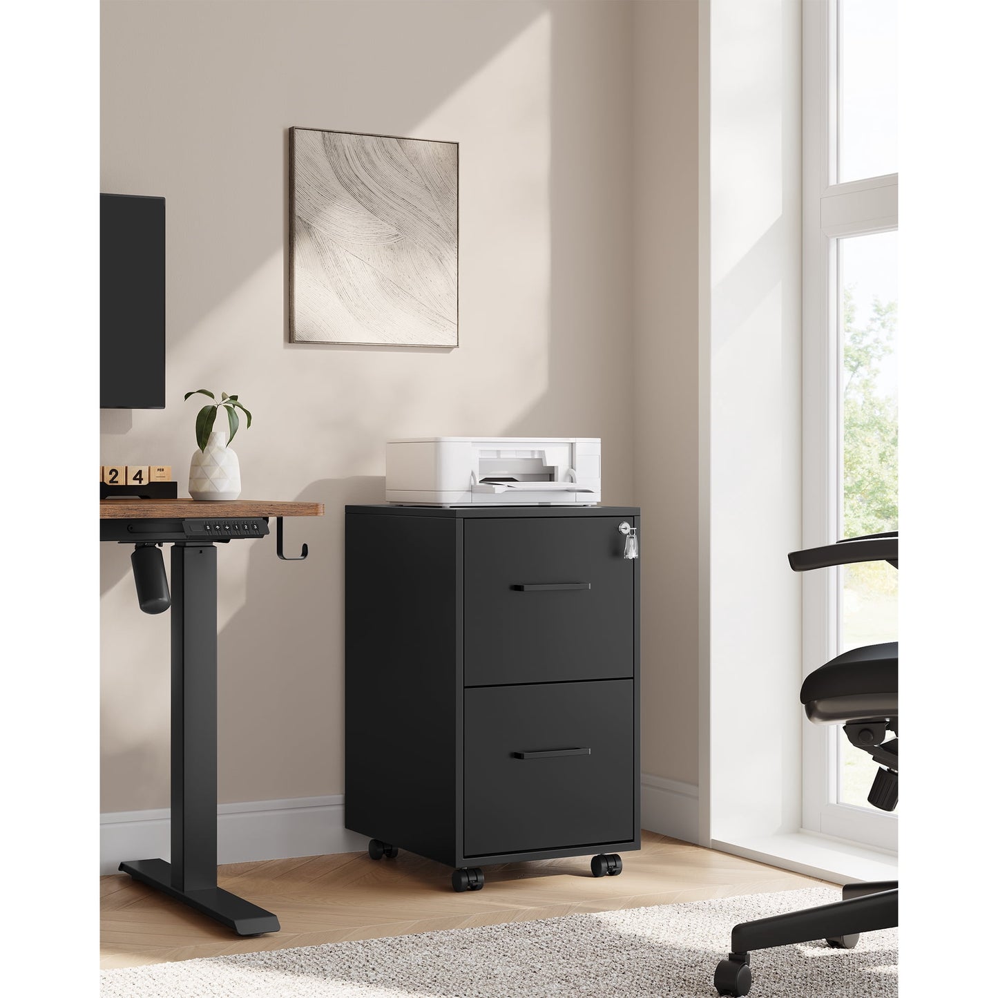 File Cabinet, 17.7''Dx 14.4''W Office Filing Cabinet with Lock, Pre-Assembled Except Wheels and Handles, Black