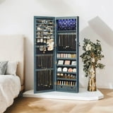 LEDREM LED Jewelry Cabinet Organizer - 47" Wall/Door Mount Armoire with Full-Length Mirror, 200+ Storage Slots & 2 Drawers, Rustic Blue