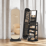 LEDREM 360°Swivel LED Jewelry Cabinet - Full-Length Mirror with 200+ Storage Slots, Lockable Drawers & Makeup Vanity, Ebony Black