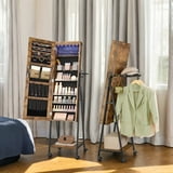 LEDREM 6-LED Lockable Jewelry Armoire with Mirror, 4 Wheels & Coat Rack – 45 Earring Slots, 60 Ring Holders, Rustic Brown and Black