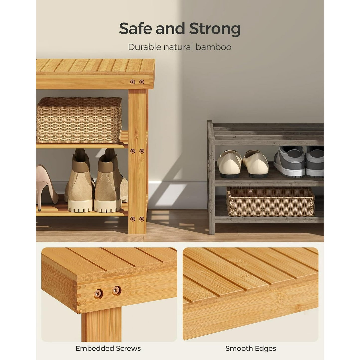 3-Tier Shoe Rack Bench, Hallway Bamboo Organizer, Home Storage Shelf with Holds 286 lb, Natural