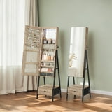 LEDREM Full-Length LED Mirror Jewelry Cabinet - Standing Armoire Organizer with 200+ Storage Slots, Lockable Drawers, Toasted Oak Color