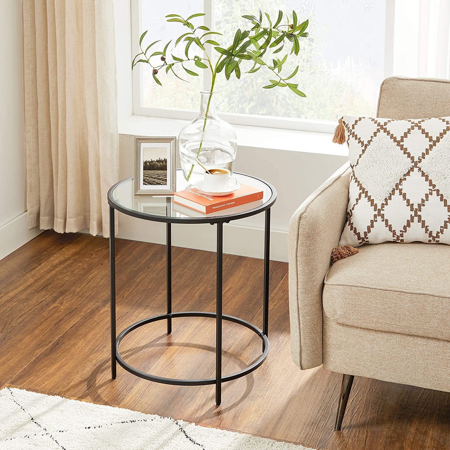 VASAGLE Round Side Table Glass End Table with Metal Frame Black Coffee Table with Modern Style for Living Room, Balcony, Bedroom, Black