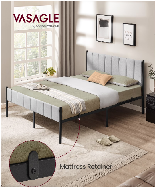 Queen Size Upholstered Bed Frame with Footboard, 1100 lb Capacity, Steel Slats, No Box Spring, Easy Assembly, Modern Minimalist, Dove Gray