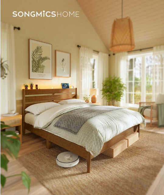 Queen Platform Bed Frame with LED Headboard & Charging Station, Mid-Century Modern Style, No Box Spring Needed, Caramel Brown