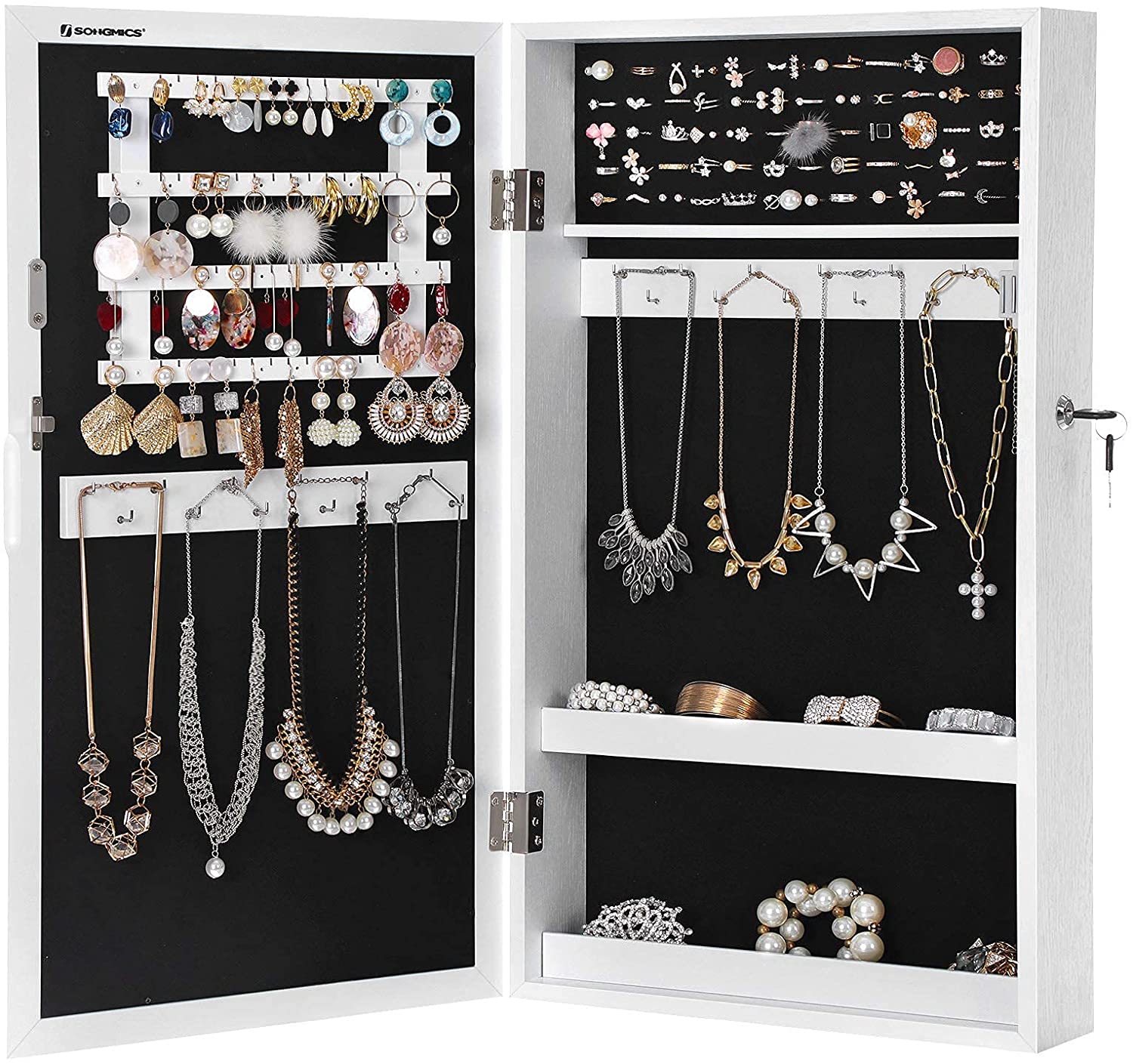 SONGMICS Lockable Jewelry Armoire with Mirror, White Songmics