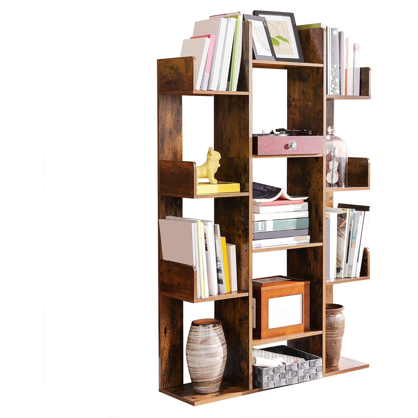 VASAGLE Bookshelf Tree-Shaped Bookcase with 13 Storages Rustic Brown