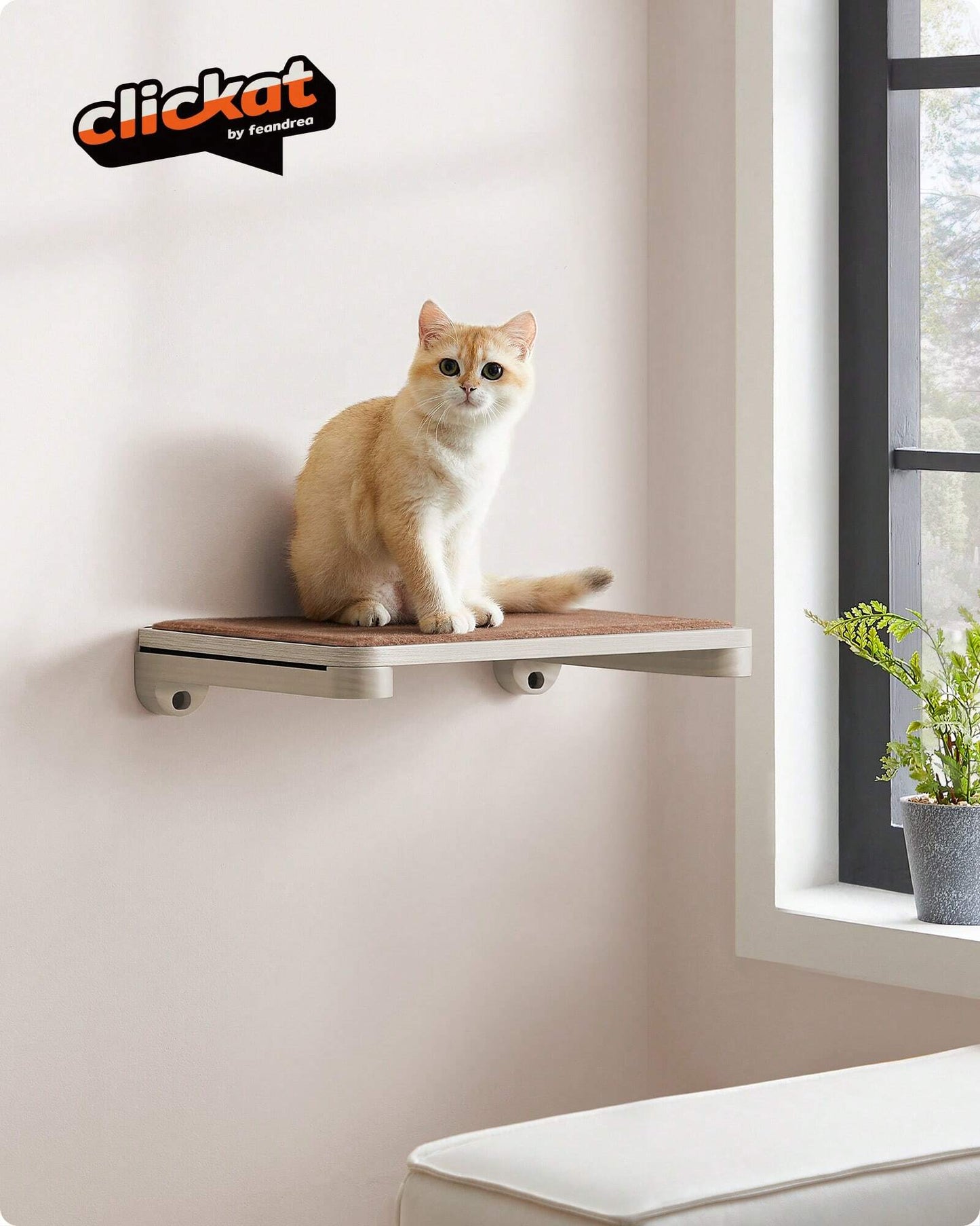 Feandrea Clickat Cat Shelf, Cat Wall Shelf, Wall-Mounted Cat Perch for Indoor Cats, Replaceable Washable Felt Pad, Easy Assembly and Disassembly, Oatmeal Brown and Coffee Brown