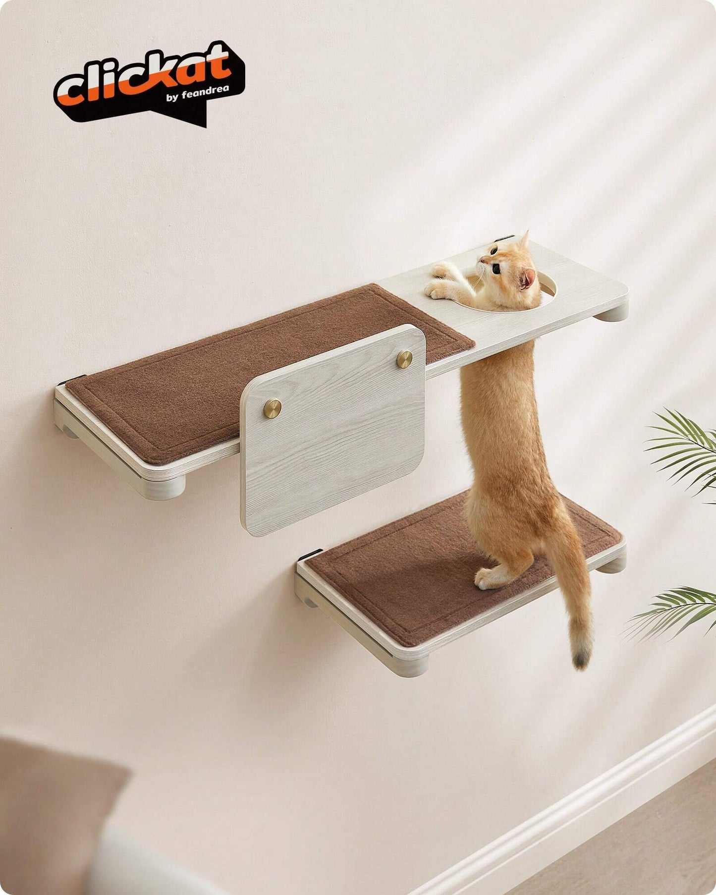 Feandrea Clickat Large Cat Shelf, Cat Wall Shelf, Wall-Mounted Cat Perch for Large Cats, Replaceable Washable Felt Pad, Easy Assembly and Disassembly, Oatmeal Brown and Coffee Brown