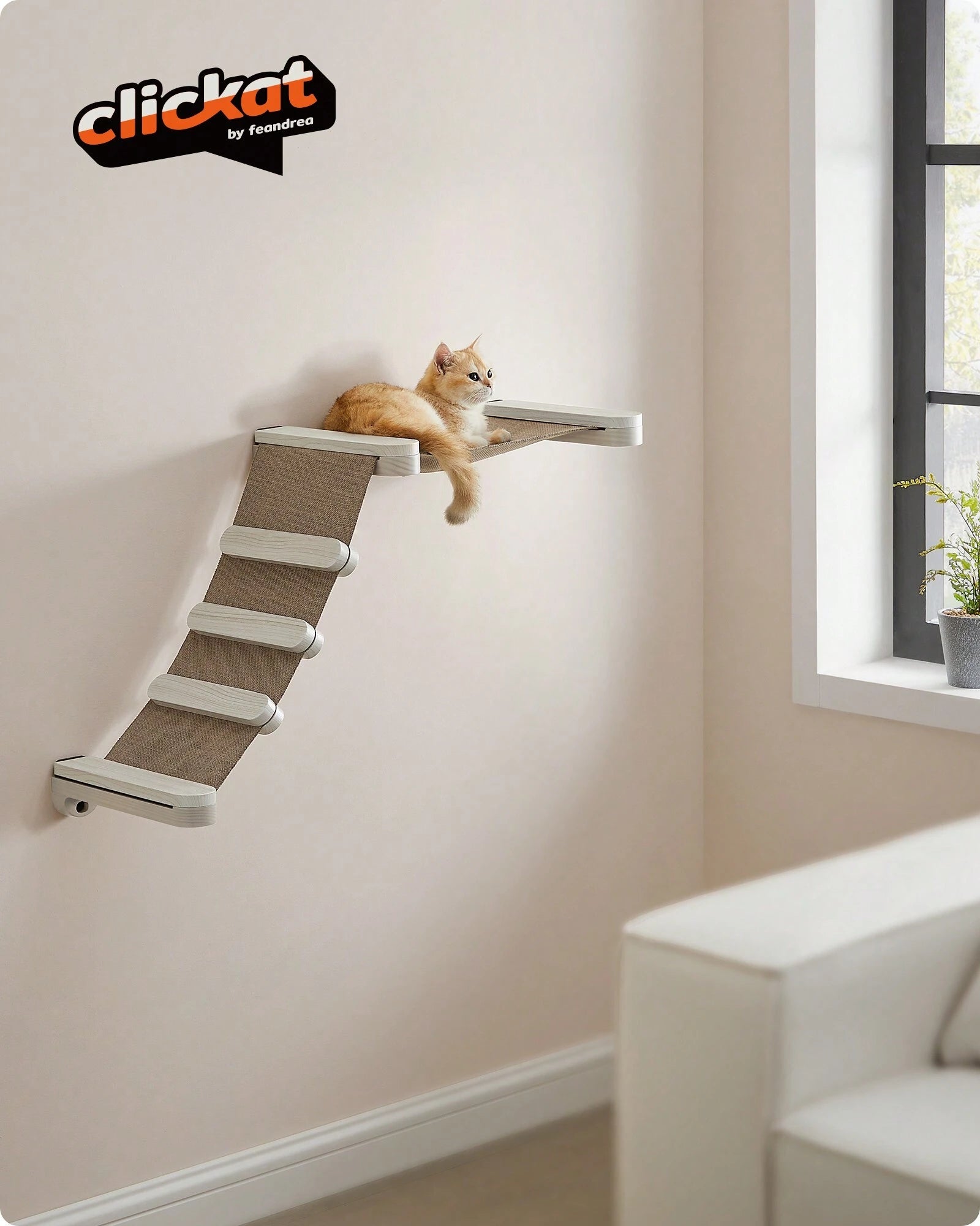 Feandrea Clickat Cat Climbing Hammock, Wall-Mounted Cat Bed with Stair ...
