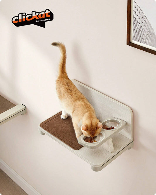 Feandrea Clickat Cat Food Station, Wall-Mounted Cat Feeding Station, Cat Wall Shelf with Elevated Cat Food Bowls, Replaceable Washable Felt Pad, Oatmeal Brown and Coffee Brown