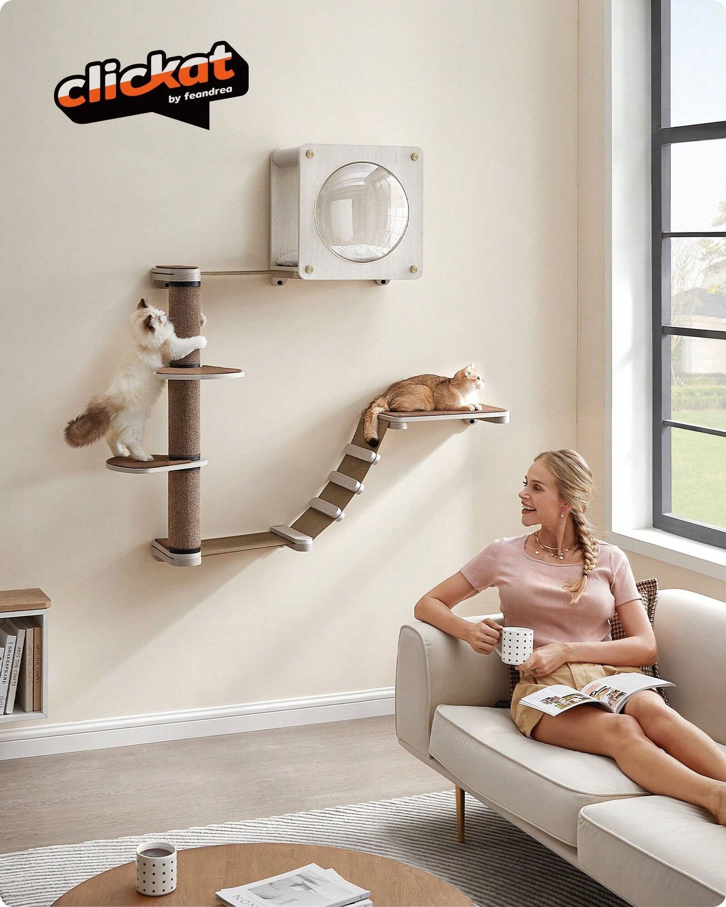 Feandrea Clickat Oasis Cat Wall Furniture, Set of 5, Cat Wall Shelf, Wall-Mounted Cat Hammock, Scratching Post, Cat Cave, Replaceable Washable Parts, Oatmeal Brown and Coffee Brown