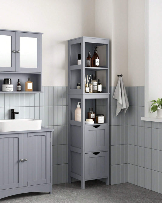 VASAGLE Bathroom Floor Cabinet, Bathroom Storage Organizer Rack Stand, Multifunctional Corner Unit, 2 Drawers, Dove Gray