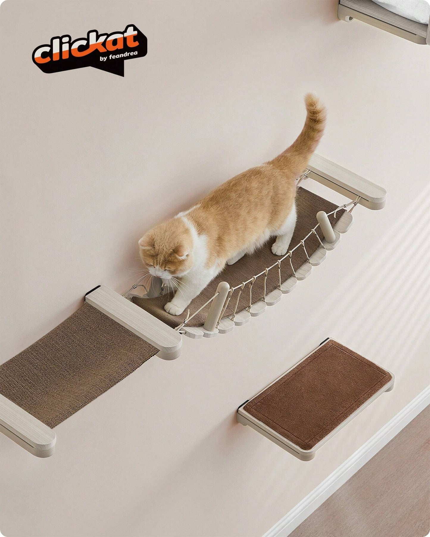 Feandrea Clickat Cat Bridge, Wall-Mounted Cat Perch for Indoor Cats, Cat Wall Furniture, Replaceable Washable Fabric Pad, Easy Assembly and Disassembly, Oatmeal Brown and Coffee Brown