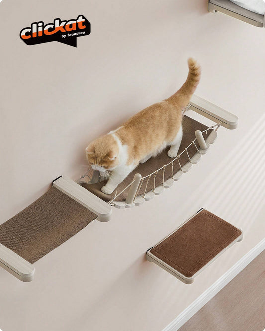 Feandrea Clickat Cat Bridge, Wall-Mounted Cat Perch for Indoor Cats, Cat Wall Furniture, Replaceable Washable Fabric Pad, Easy Assembly and Disassembly, Oatmeal Brown and Coffee Brown