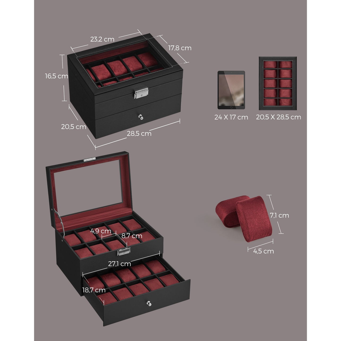 20-Slot Watch Box, Watch Case with Glass Lid, 2 Layers, Lockable Watch Display Case, Black and Red