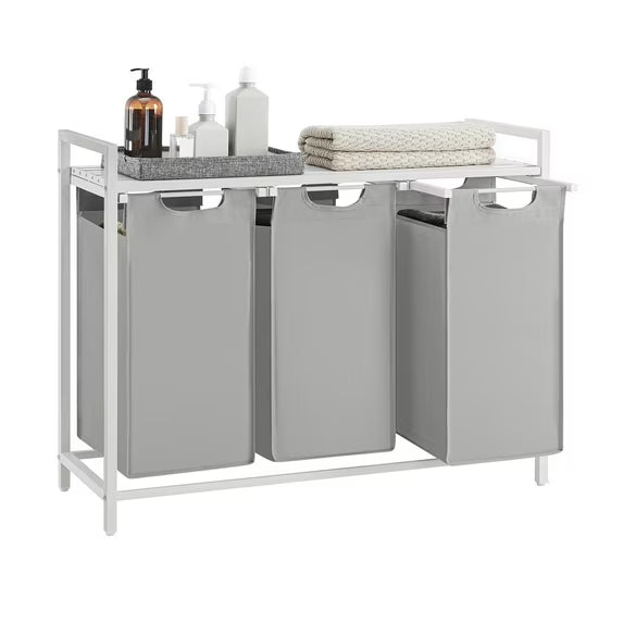 3-Bag Laundry Sorter Cart with Removable Washable Bags, Ventilated Top Shelf and Locking Wheels, 31.7 Gallon Capacity, Dove Gray