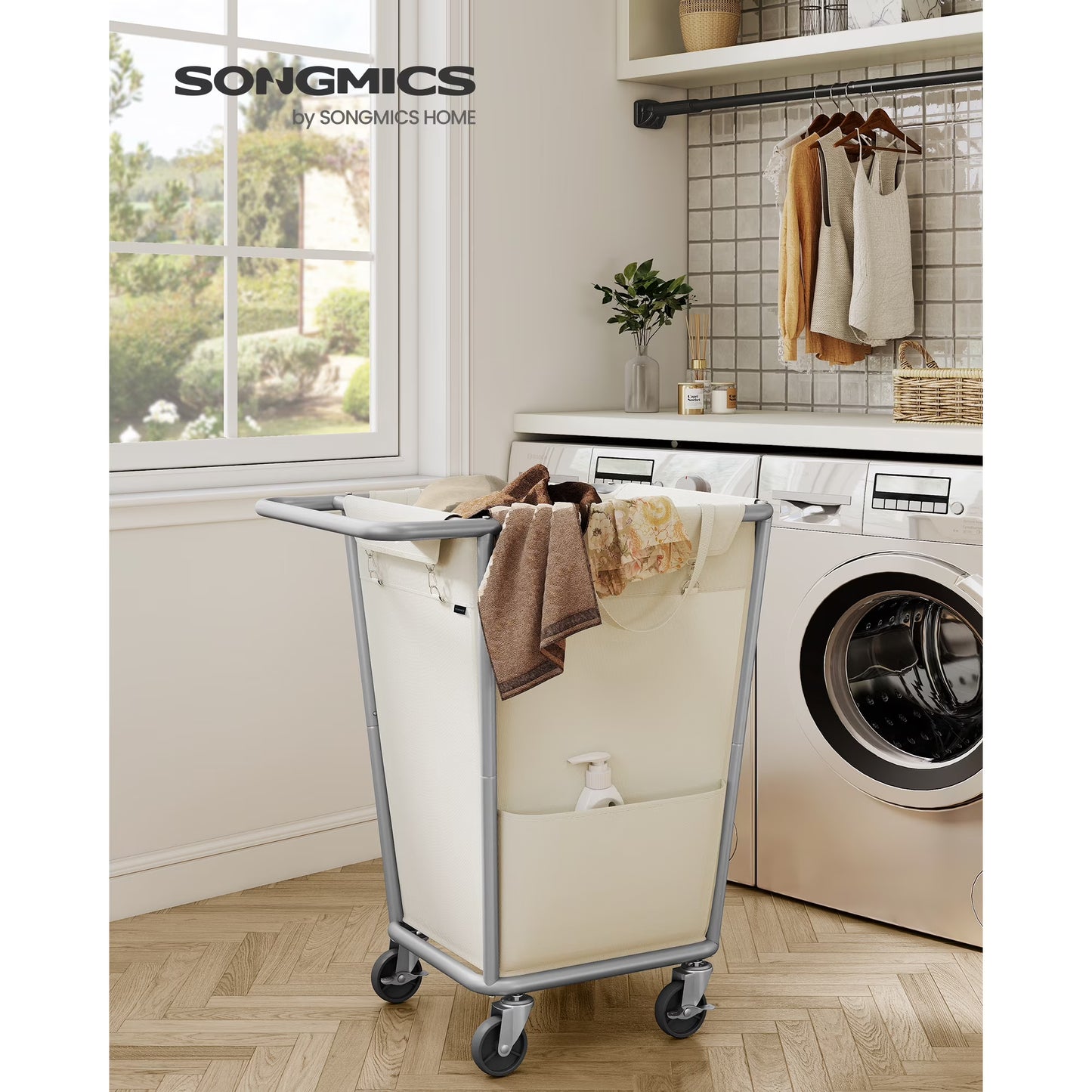 Laundry Basket with Wheels, Removable Bag, Steel Frame, 34.3 Gallons (130 L), White