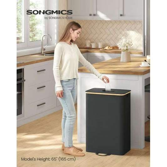 26 Gallon Recycling Bin for Kitchen, Bottle Recycling Container with Inner Bag & Collection Hole, Foldable Design for Metal Plastic Paper Glass, Ink Black & Beige