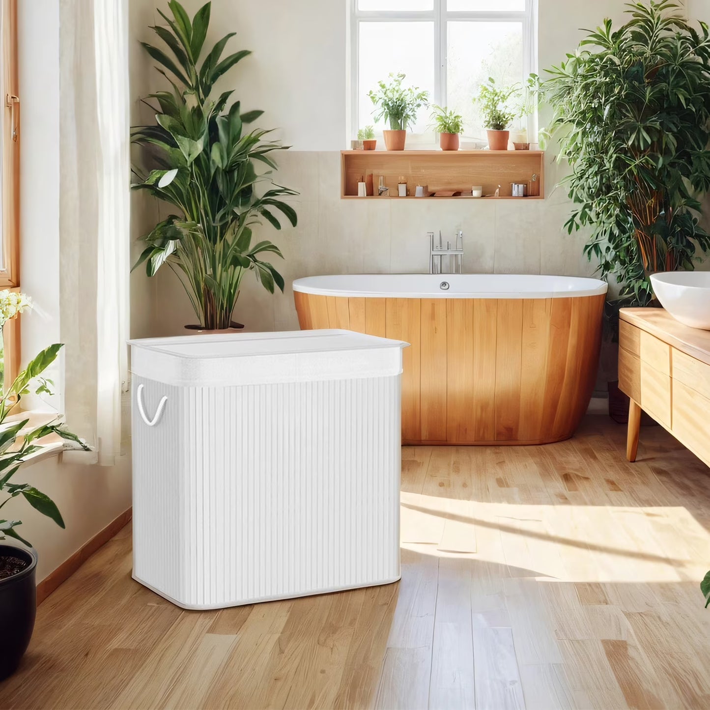 39.6 Gallons Laundry Hamper, 3-Section Laundry Basket, with Lid, Bamboo, Foldable, Removable and Machine Washable Liner Laundry Storage Sorter