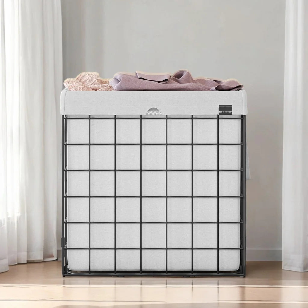 Cream White Laundry Hamper - 29 Gal. (110L) Laundry Basket with Collapsible Design. Features a Removable and Washable Liner, Metal Wire Frame