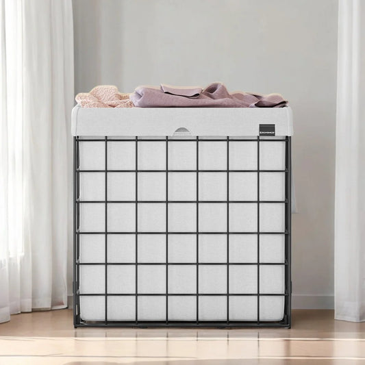 Cream White Laundry Hamper - 29 Gal. (110L) Laundry Basket with Collapsible Design. Features a Removable and Washable Liner, Metal Wire Frame
