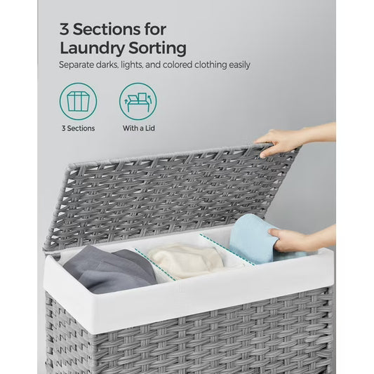 140L (37 Gallon) Rolling Laundry Hamper with Lid, 3-Section Synthetic Rattan Laundry Basket Storage with Removable Liner, 26x13x26 Inches