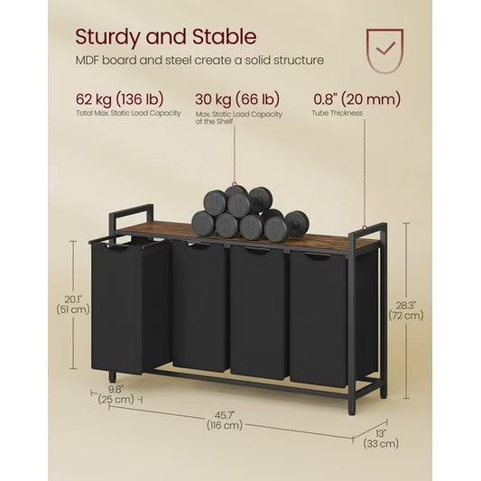45.7 x 13 x 28.4 Inches Laundry Sorter Hamper, Laundry Basket Storage, Laundry Sorter with 4 Pull-Out and Removable Bags, Shelf, Metal Frame, (40L)