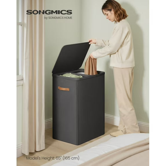 44.9 Gal Large Laundry Hamper with Lid, 2 Compartment Dirty Clothes Basket, Removable Inner Bags & Handles, 22x15.7x29.5 Inches, Ink Black