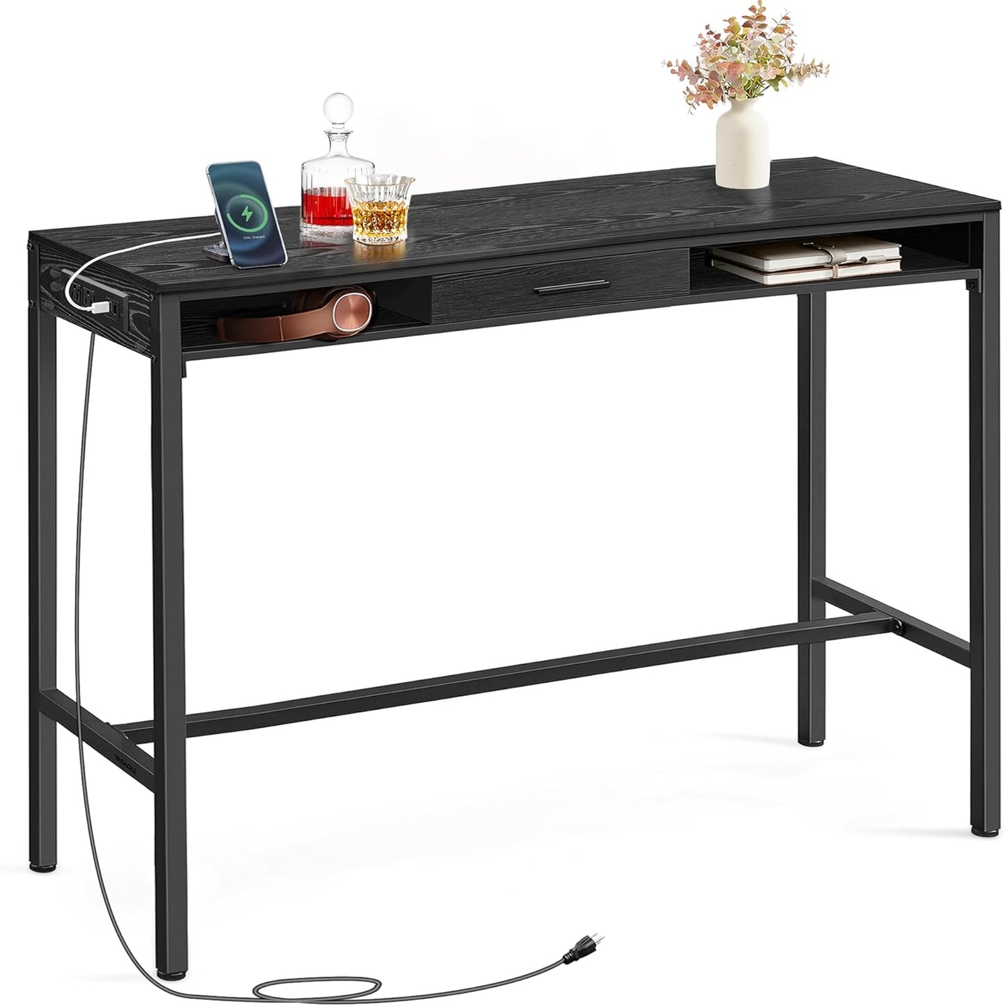 VASAGLE Bar Table with Power Outlet, 47.2 Inches Bar Height Pub Table, Rectangular Storage Kitchen Table with Movable Drawer, 2 Hooks, Narrow High Top Table for Dining, Home, Entryway, Ebony Black