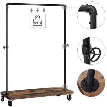 Clothes Rack, Heavy Duty Clothing Rack, Industrial Pipe Style Rolling Garment Rack with Shelf, for Bedroom, Laundry Room, Retail Store, Rustic Brown and Black