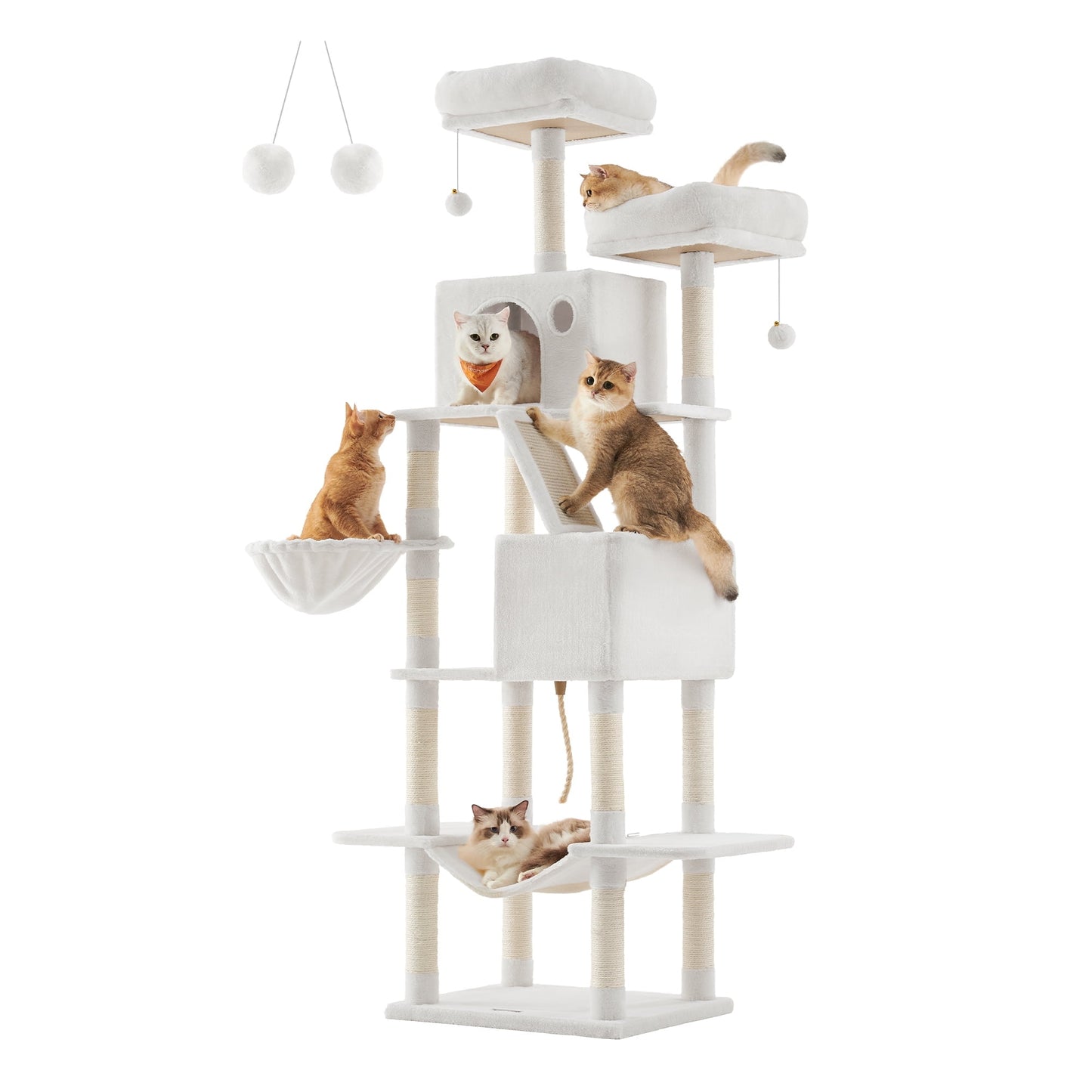 Feandrea 81.1"H Cat Tree Cat Tower for Indoor Cats, Plush Multi-Level Cat Condo with Scratching Posts, Perches, Caves, Hammock, Cream White