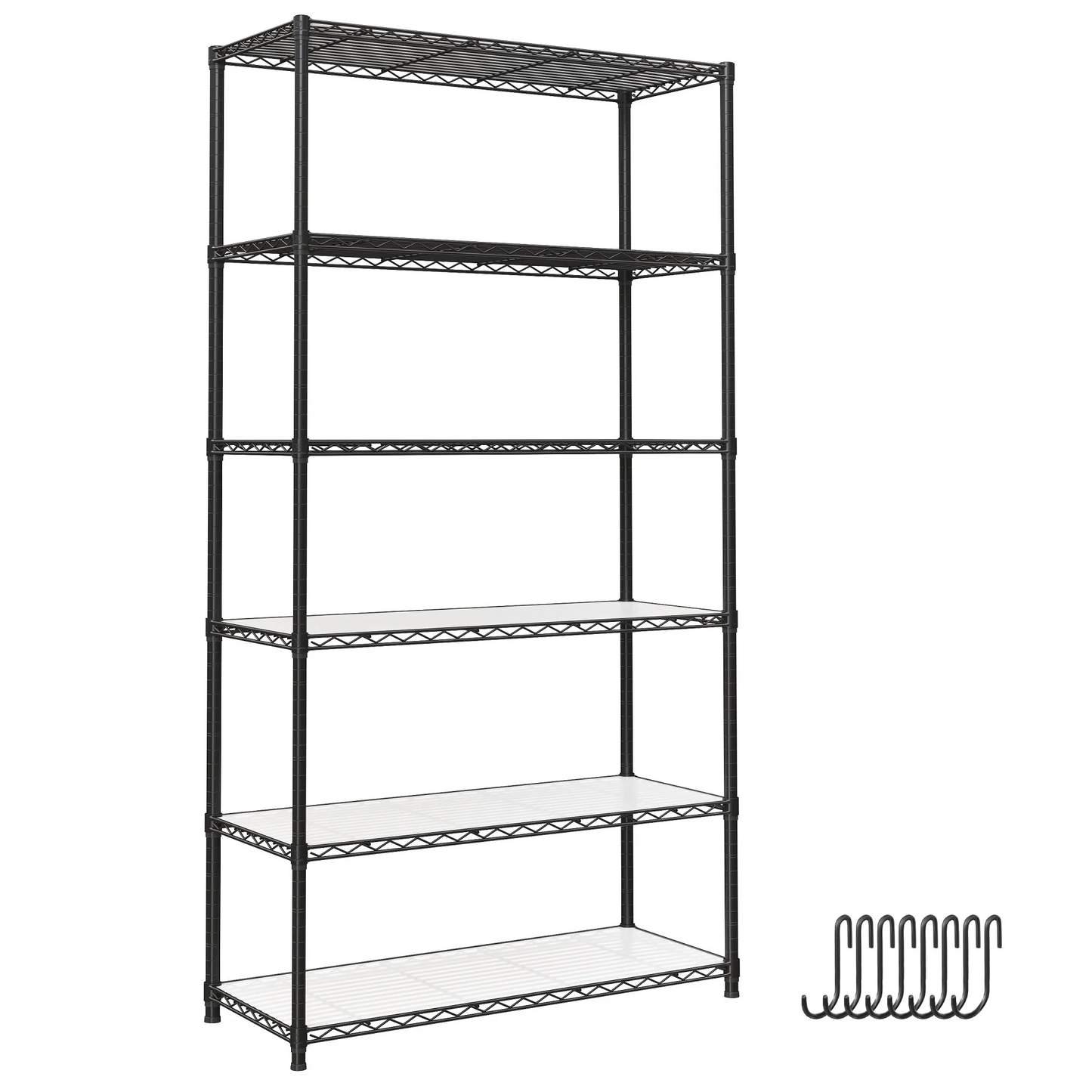 SONGMICS 6-Tier Garage Shelving Wire Shelving Unit Kitchen Storage Rack with Adjustable Shelves Shelf Liners 8 Hooks for Living Room Garage Black