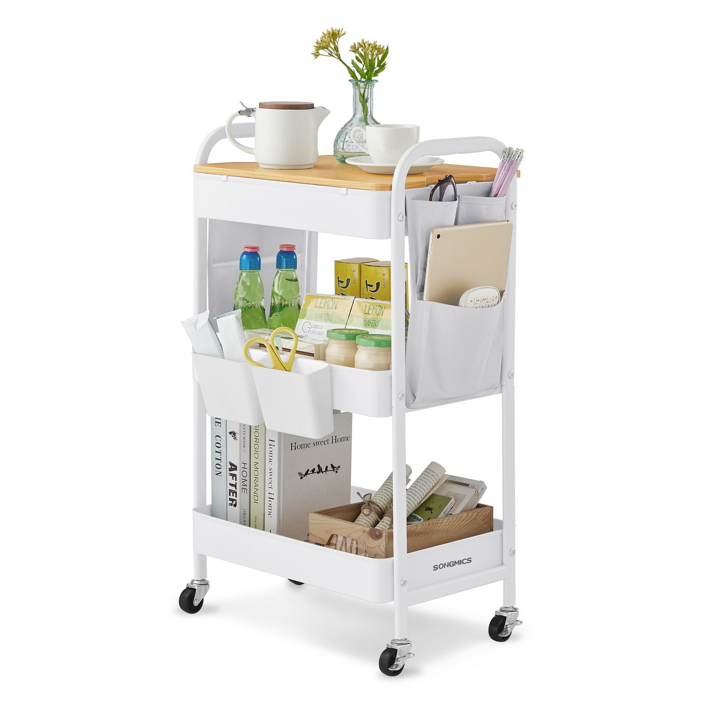 SONGMICS 3-Tier Storage Cart, Rolling Utility Cart with Table Top, 2 Removable Hanging Cups, 6 Side Pockets, Craft Cart for Living Room, Office, Kitchen, Bathroom, Cloud White