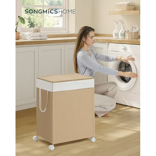 2-Compartment Rolling Laundry Hamper, 100L Capacity, Rattan-Style with Lid, Removable Washable Liner, Natural Beige and Matte White