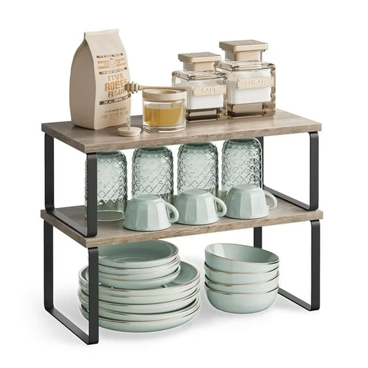 2 Pack Cabinet Organizer Shelf, Kitchen Counter Shelves, Kitchen Storage, Spice Rack, Stackable, Expandable, Metal and Engineered Wood, Ink Black and Heather Greige