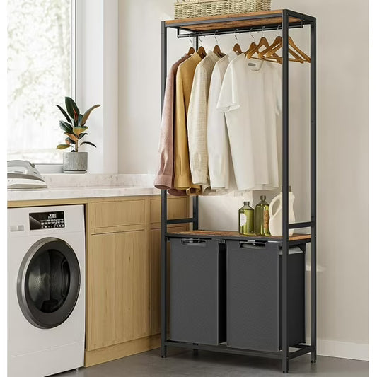 2 Section Laundry Sorter with Clothes Rack Laundry Hamper with 2 Shelves Removable Laundry Basket Rustic Brown and Black