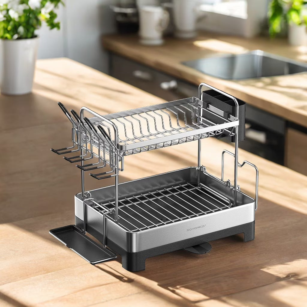 2 Tier Dish Drying Rack with Rotatable Drain Spout - Kitchen Counter Dish Rack with Extendable Drain Spout, Dish Drainer