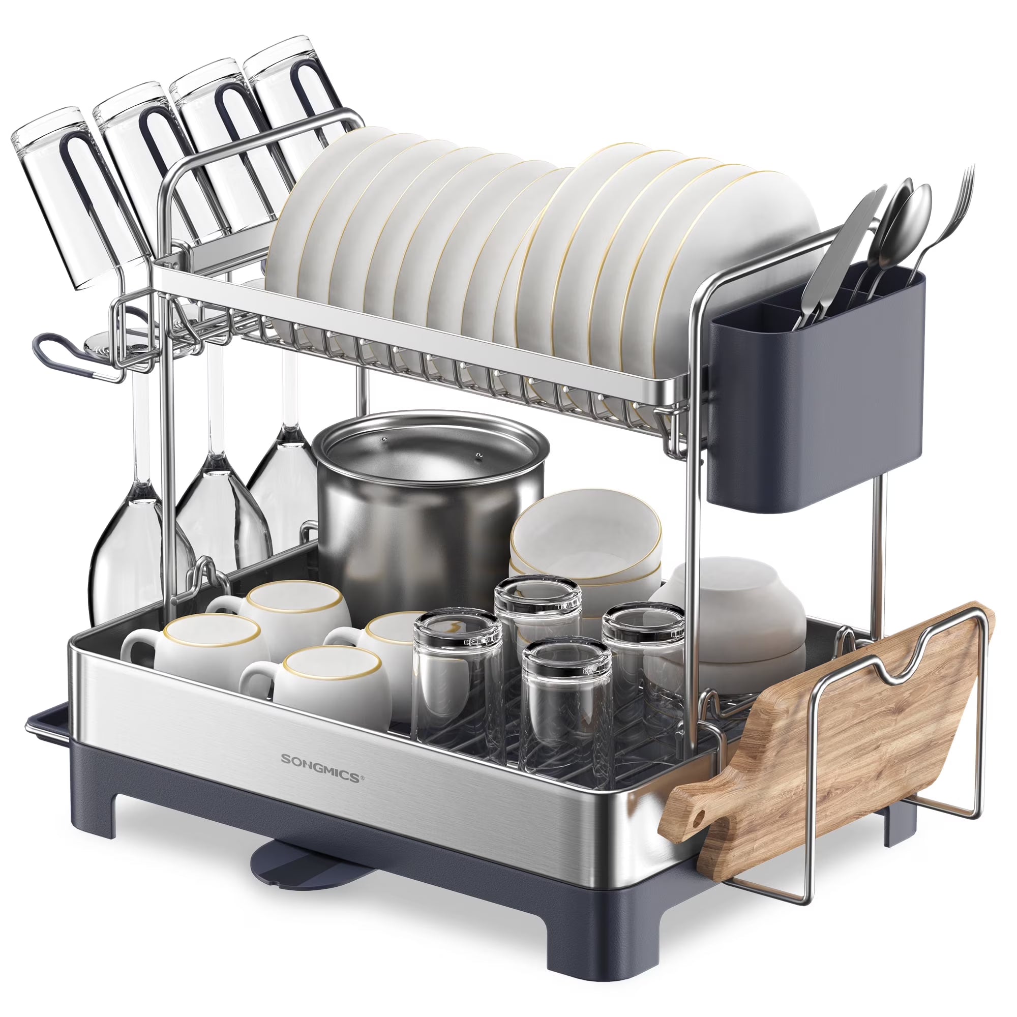 2 Tier Dish Drying Rack with Rotatable and Extendable Drain Spout, Dis ...