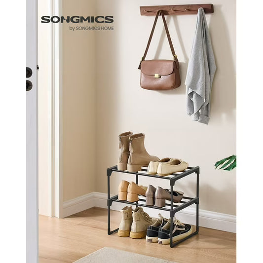 2-Tier Stackable Shoe Rack, 14.8 Inch Metal Shoe Organizer with 22 lb per Tier Capacity, Upright & Reversible for Entryway, Black