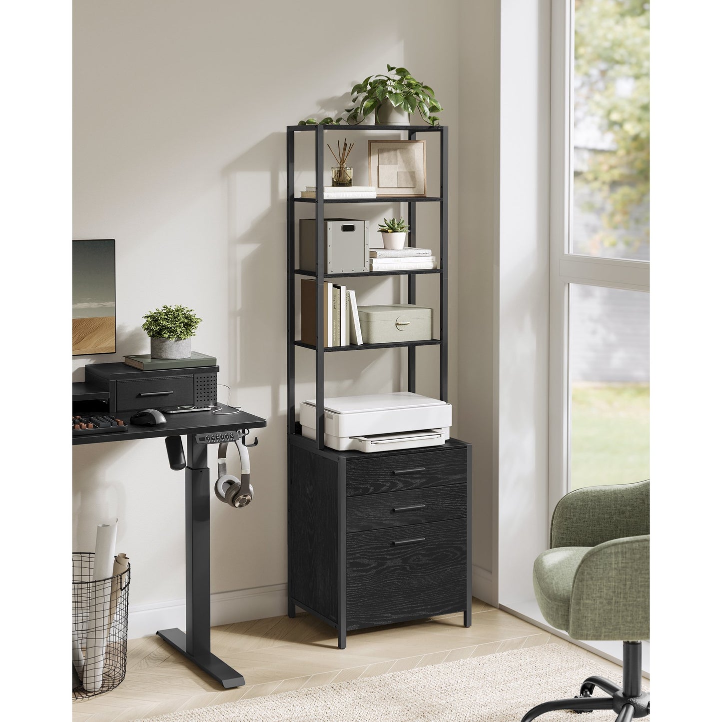 File Cabinet, Home Office Filing Cabinet with Height-Adjustable Open Shelves