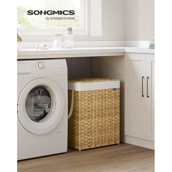 29.1 Gallon Foldable Laundry Hamper with Lid & Handles, Synthetic Rattan Storage Basket with Removable Liner, 110L Capacity，Natural Color