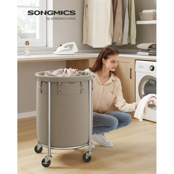 29-Gallon Rolling Laundry Hamper with Steel Frame, 4 Casters & 2 Brakes, Includes Removable Bag, Camel Brown and Metallic Silver